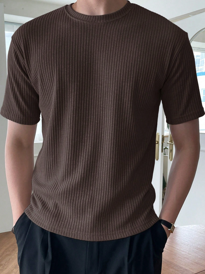 Camiseta De Manga Corta Para Hombre, De Color Sólido Con Costilla, Para El Verano