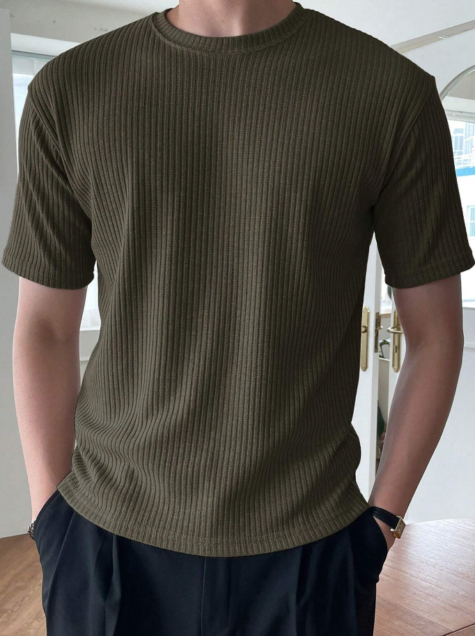 Camiseta De Manga Corta Para Hombre, De Color Sólido Con Costilla, Para El Verano