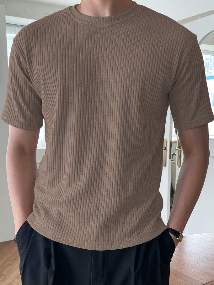 Camiseta De Manga Corta Para Hombre, De Color Sólido Con Costilla, Para El Verano