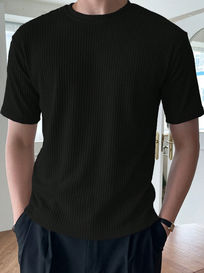 Camiseta De Manga Corta Para Hombre, De Color Sólido Con Costilla, Para El Verano